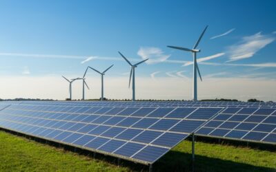 Zonnepark met windmolens